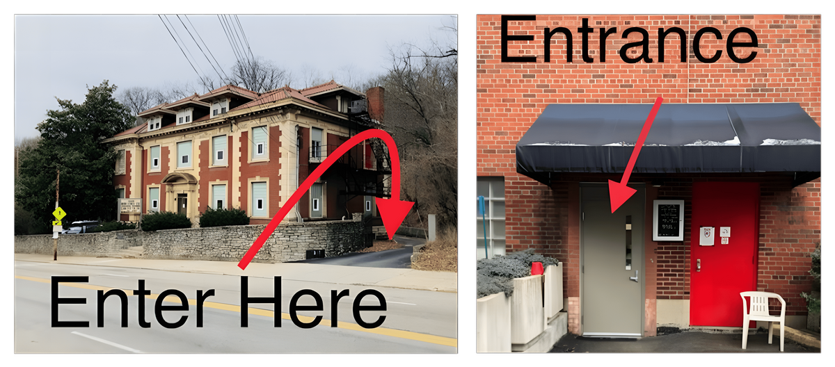 exterior views of a brick, two-story building and entry door